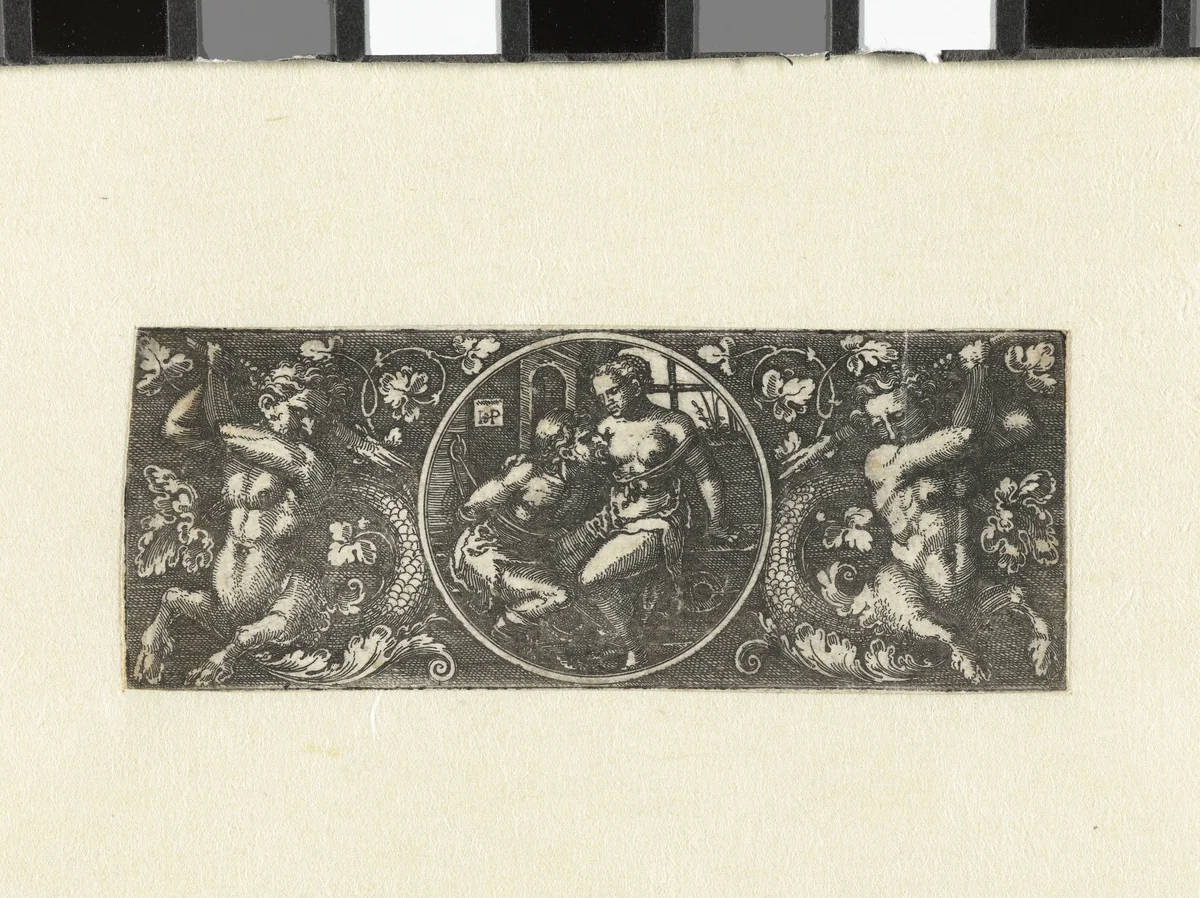 Cimon en Pero tussen twee tritons by Unknown, print, 1510-1550