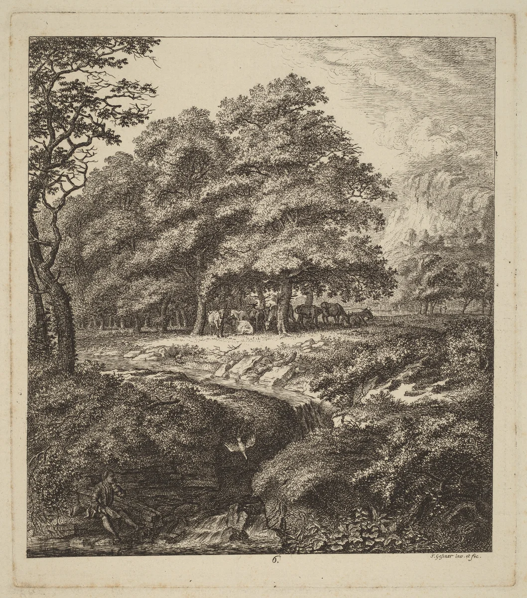 Cattle Resting in a Grove with a Man Seated beside a Brook by Salomon Gessner, print, 1764
