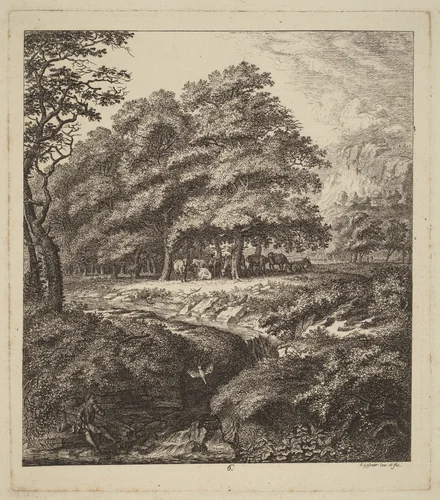 Cattle Resting in a Grove with a Man Seated beside a Brook by Salomon Gessner, print, 1764