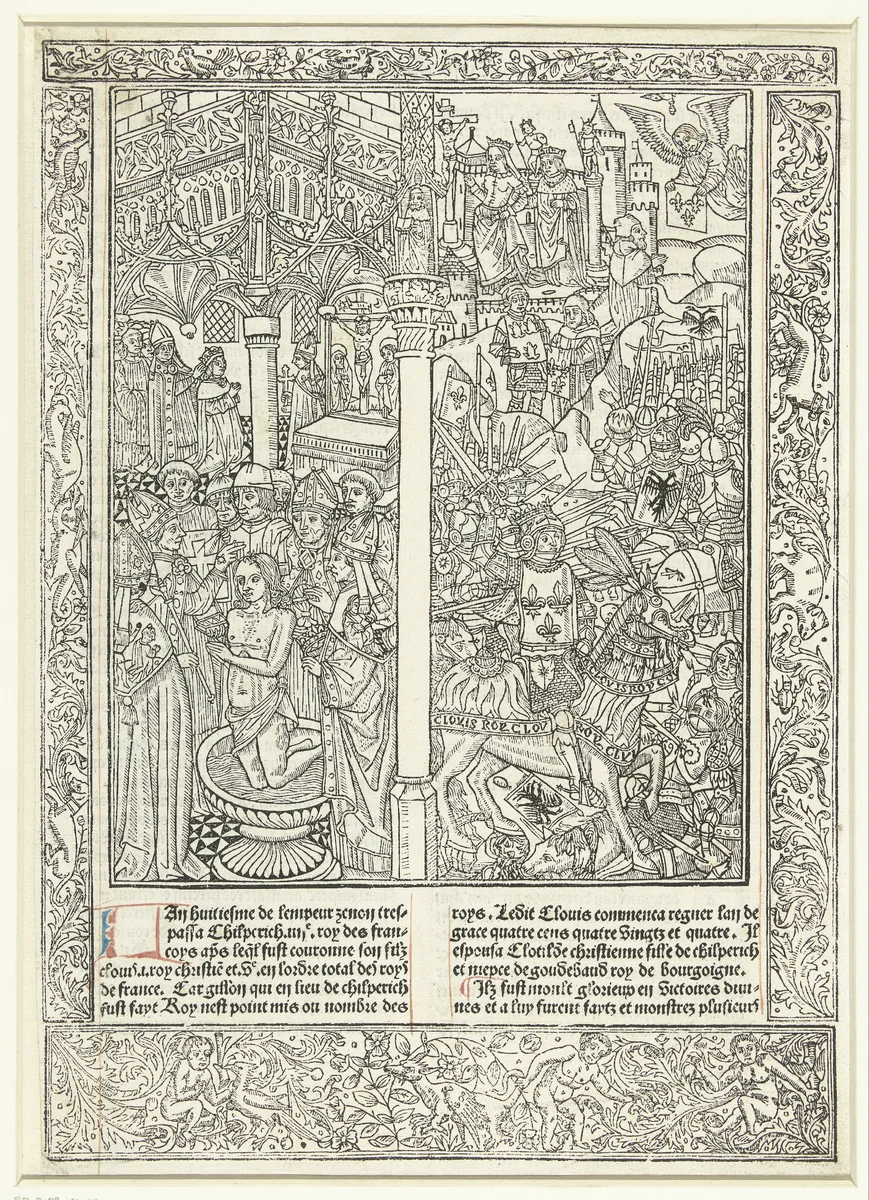 De doop van Clovis I en de slag bij Tolbiac by anonymous, print, 1488-1538