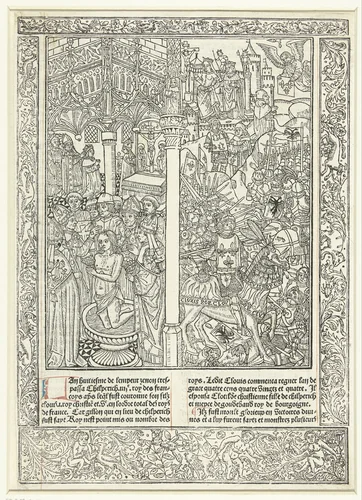 De doop van Clovis I en de slag bij Tolbiac by anonymous, print, 1488-1538
