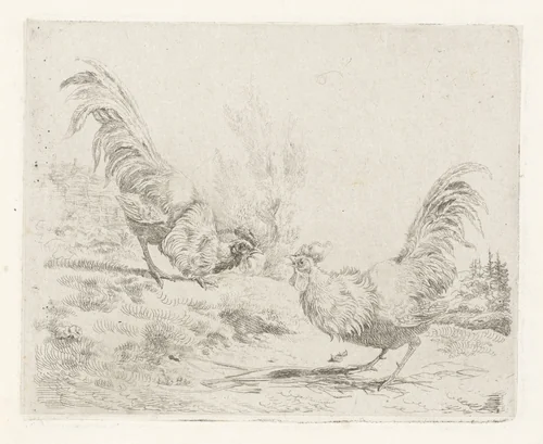 Twee vechtende hanen by Albertus Verhoesen, print, 1816-1881
