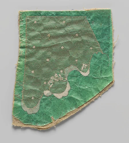 Werkstuk in wording van naaldkant op groene prikking met linnen ondergrond by anonymous, textile, 1850-1899
