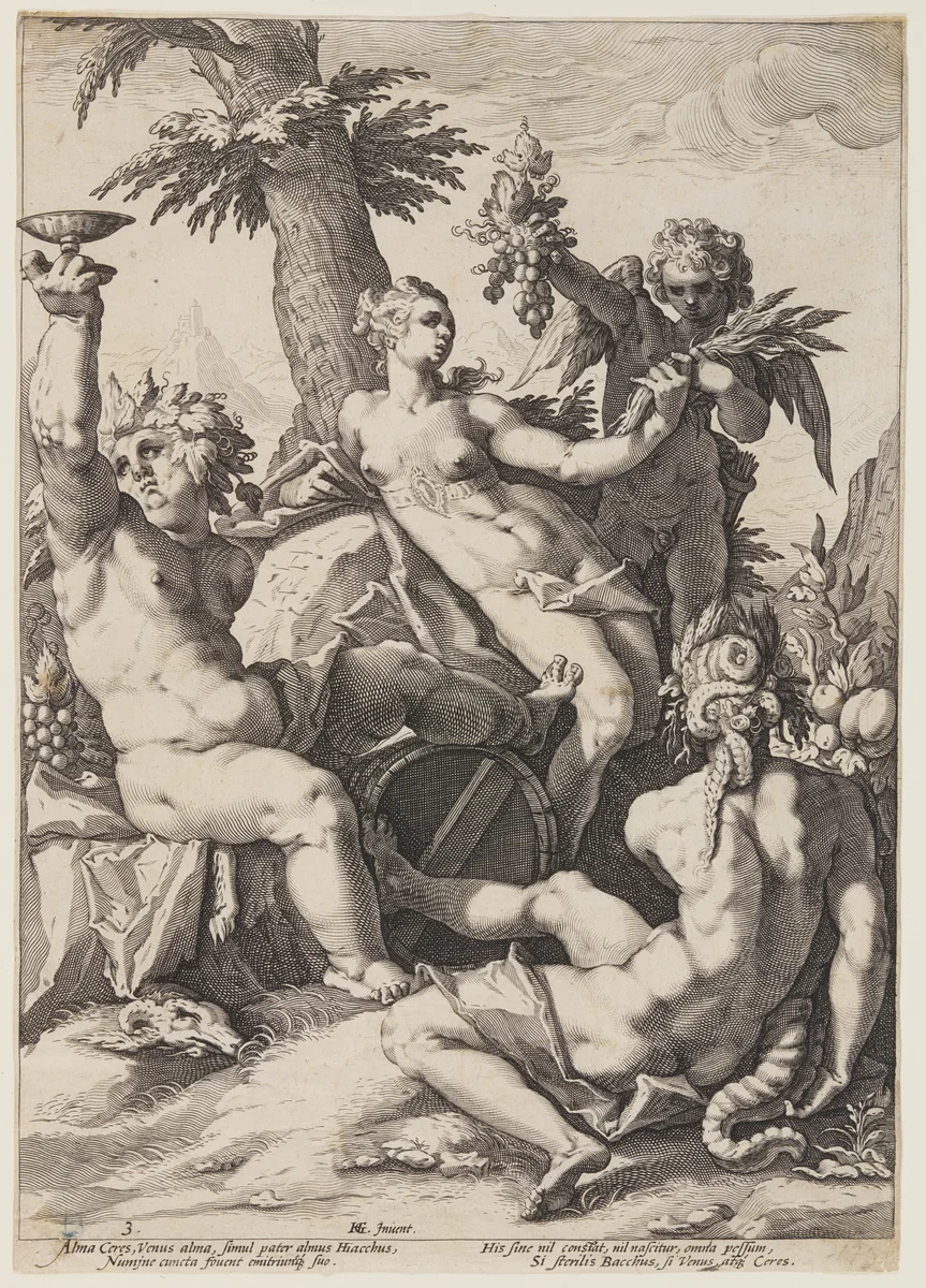 Venus, Bacchus and Ceres by Jacob Matham, print, 1600