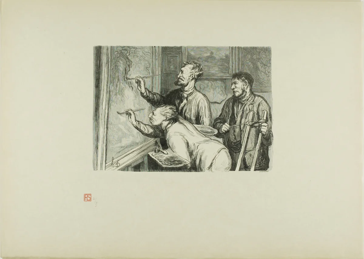 The Paintings Exhibition of 1868: Giving it the last touch by Honoré-Victorin Daumier, print, 1868