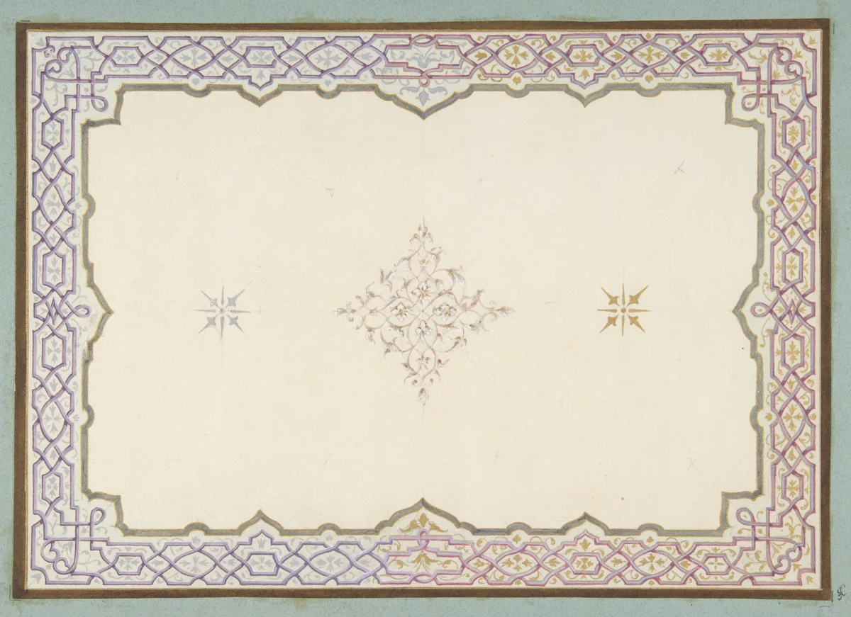 Design for the decoration of a ceiling with a border of strapwork and a central filagree medallion by Jules-Edmond-Charles Lachaise, drawing, 1830-1897