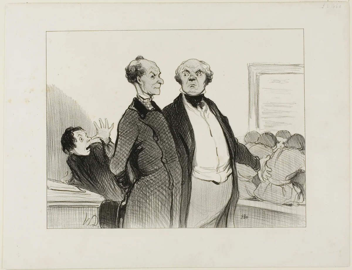 “- As you can see, Monsieur, I have enforced in my school perfectly good discipline. You cannot imagine to what extent I succeeded implanting in these young scholars a deep sentiment of respect towards their teacher,” plate 23 from Professeurs Et Moutards by Honoré-Victorin Daumier, print, 1846