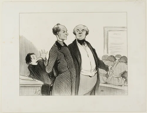 “- As you can see, Monsieur, I have enforced in my school perfectly good discipline. You cannot imagine to what extent I succeeded implanting in these young scholars a deep sentiment of respect towards their teacher,” plate 23 from Professeurs Et Moutards by Honoré-Victorin Daumier, print, 1846