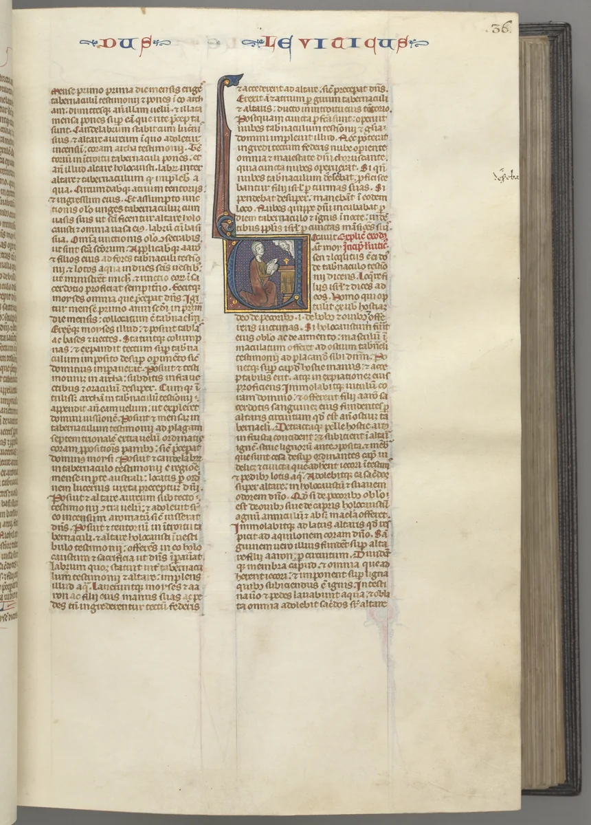 Fol. 36r, Leviticus, historiated initial V, Moses offering a sacrificial lamb on an altar by Unknown, book, 1270-1300