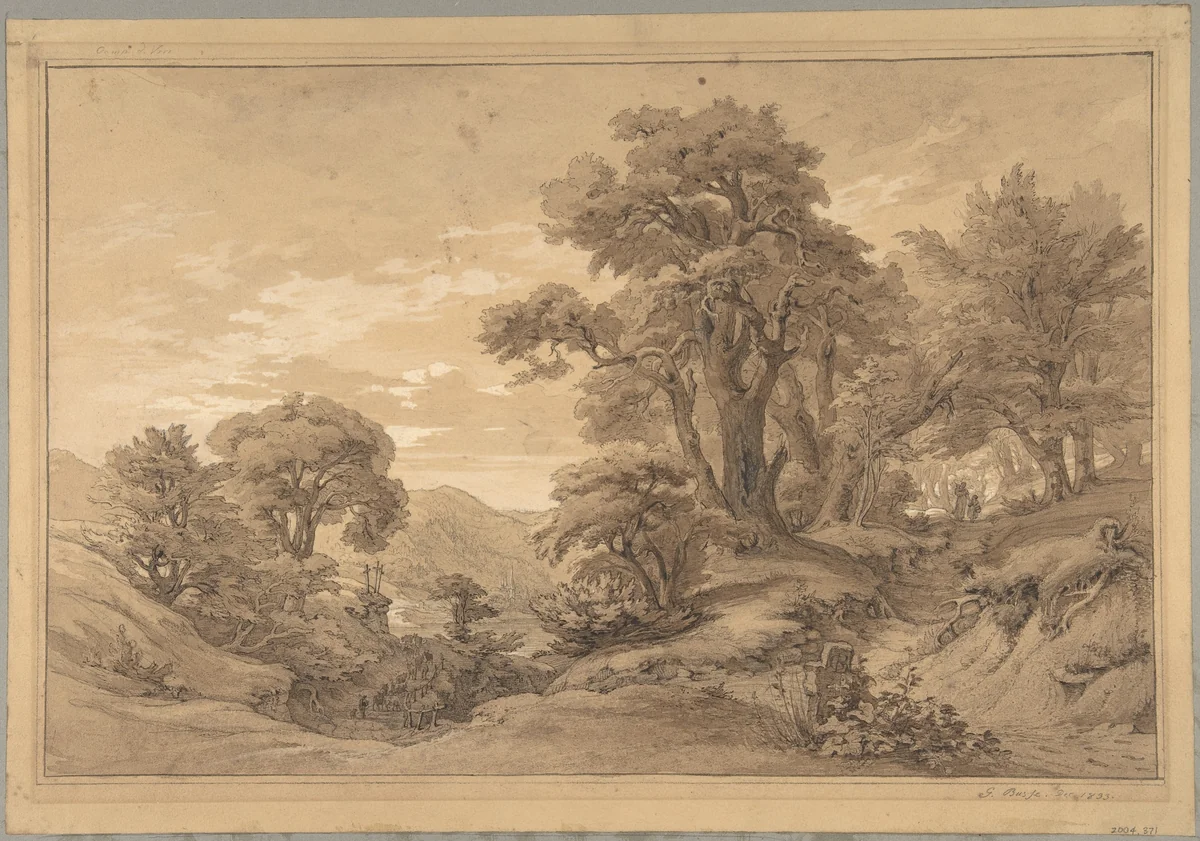 Hilly Landscape with Trees and a Road on the Right by Georg Heinrich Busse, drawing, 1833