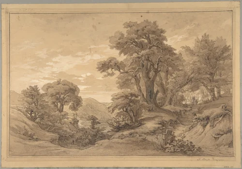 Hilly Landscape with Trees and a Road on the Right by Georg Heinrich Busse, drawing, 1833