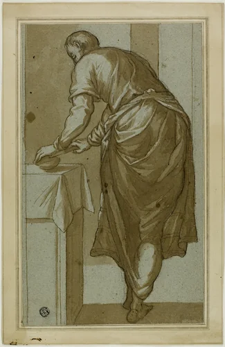 Standing Man Seen From Behind Cutting Bread by Jacopo Robusti, drawing, 1580-1599