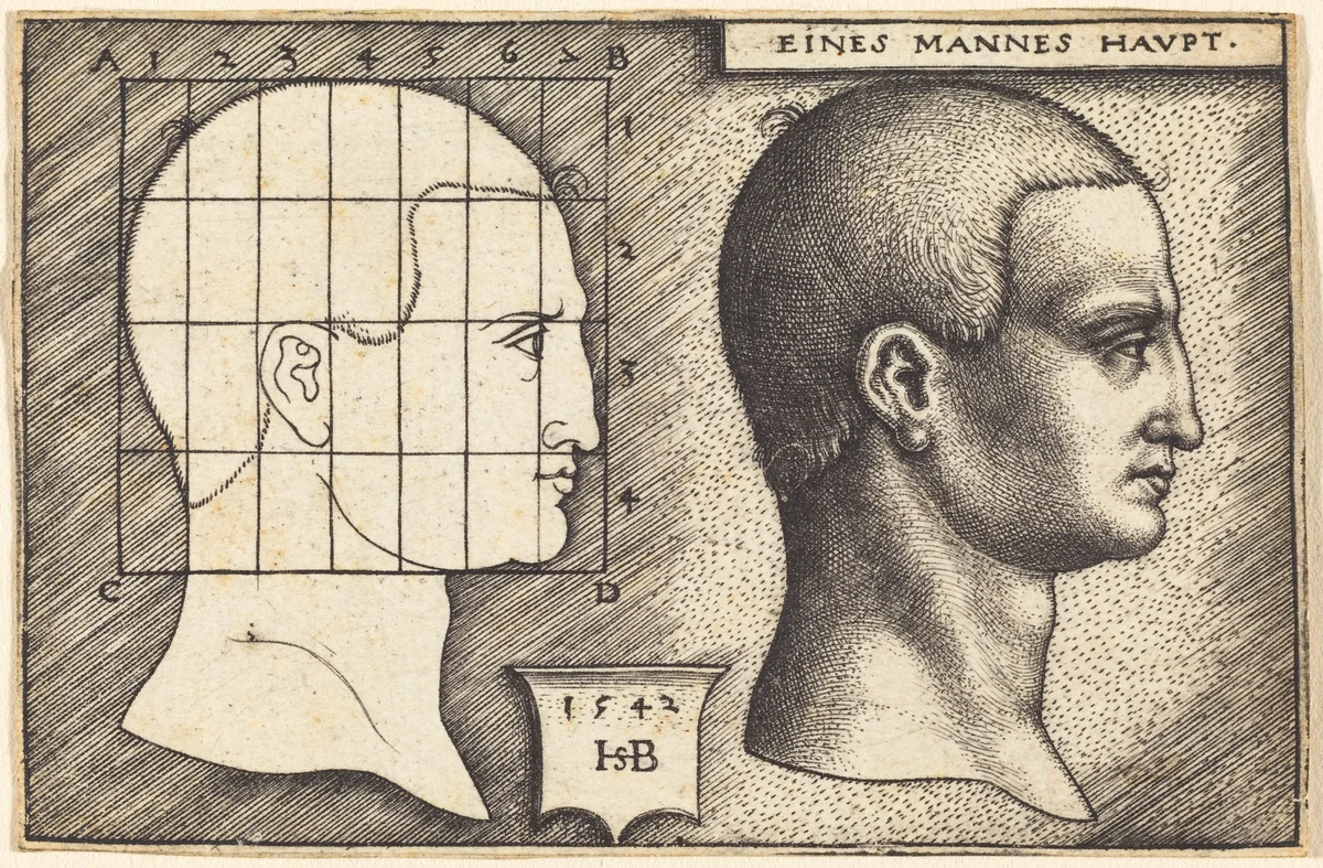 Two Profile Studies of a Man's Head by Sebald Beham, print, 1542