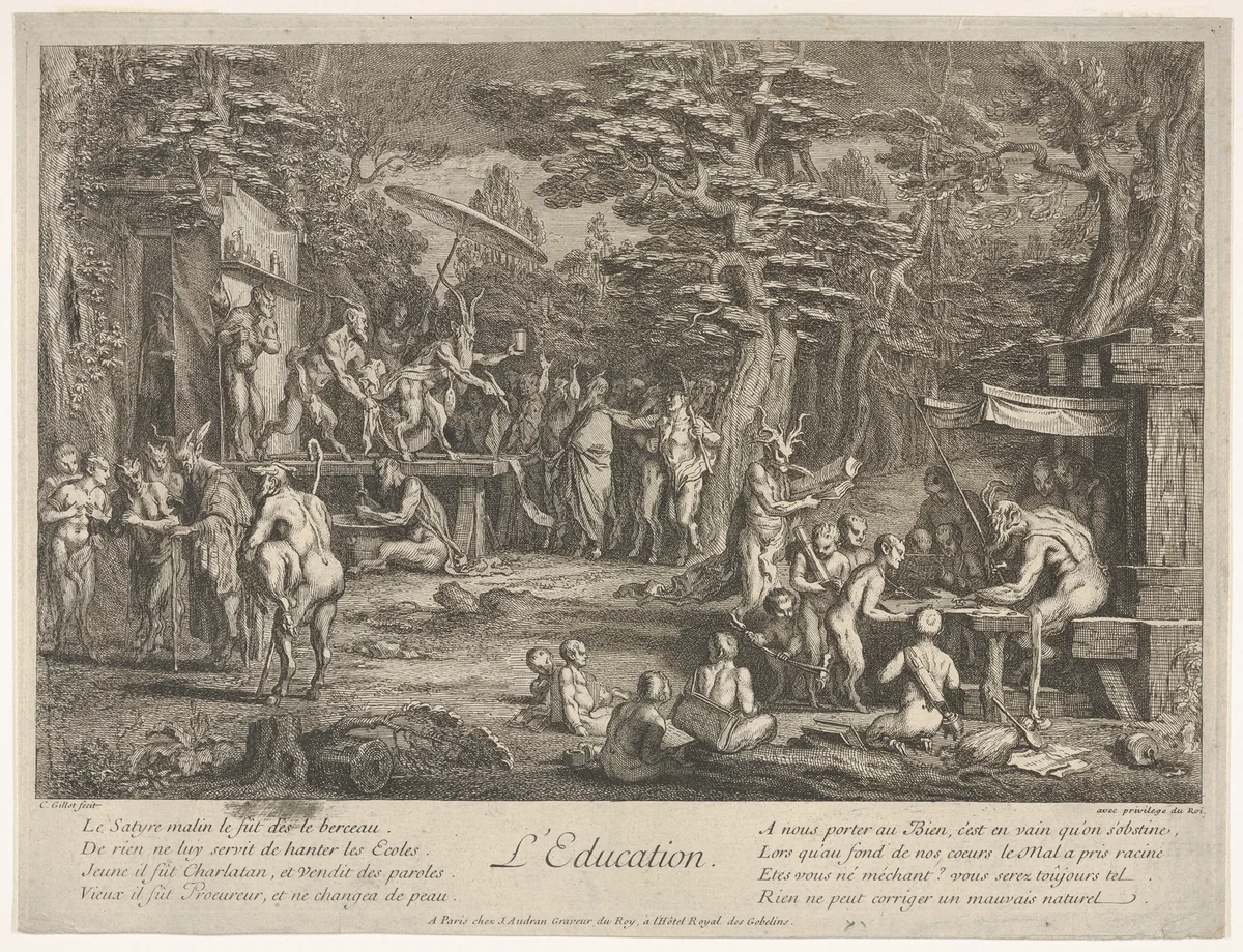 The Education (L'Education): in a forest, to right an old satyr instructor holding a wand, teaching a group of children, to the left a merchant of orvietan trying to attract spectators with his act, from "The lives of satyrs" (La vie des satyres) by Claude Gillot, print, 1700-1720