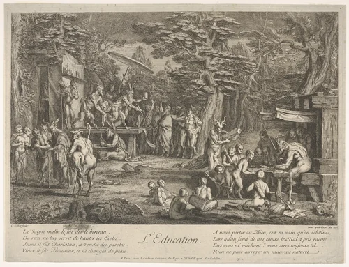 The Education (L'Education): in a forest, to right an old satyr instructor holding a wand, teaching a group of children, to the left a merchant of orvietan trying to attract spectators with his act, from "The lives of satyrs" (La vie des satyres) by Claude Gillot, print, 1700-1720
