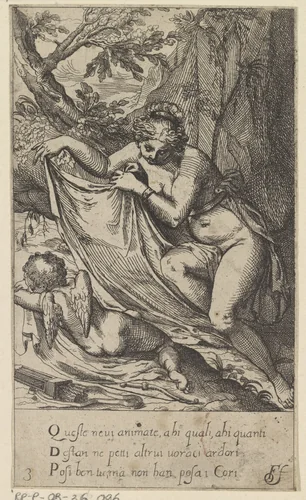 Venus dekt slapende Amor toe by anonymous, print, 1617