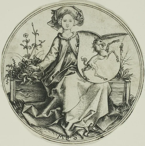 Shield with a Unicorn, Held by a Lady by Martin Schongauer, print, 1480-1490