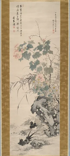 Hibiscus and Magpies by Yamamoto Baiitsu (山本梅逸), painting, 1847