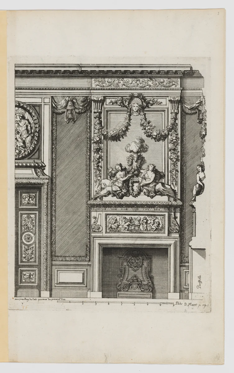 Chimney-Piece with Nymphs Flanking an Smoking Urn on the Overmantel, from Nouvelles Cheminées Faittes en Plusieur en Droits de la Hollande et Autres Prouinces, part of Œuvres du Sr. D. Marot by Daniel Marot, print, 1703-1712