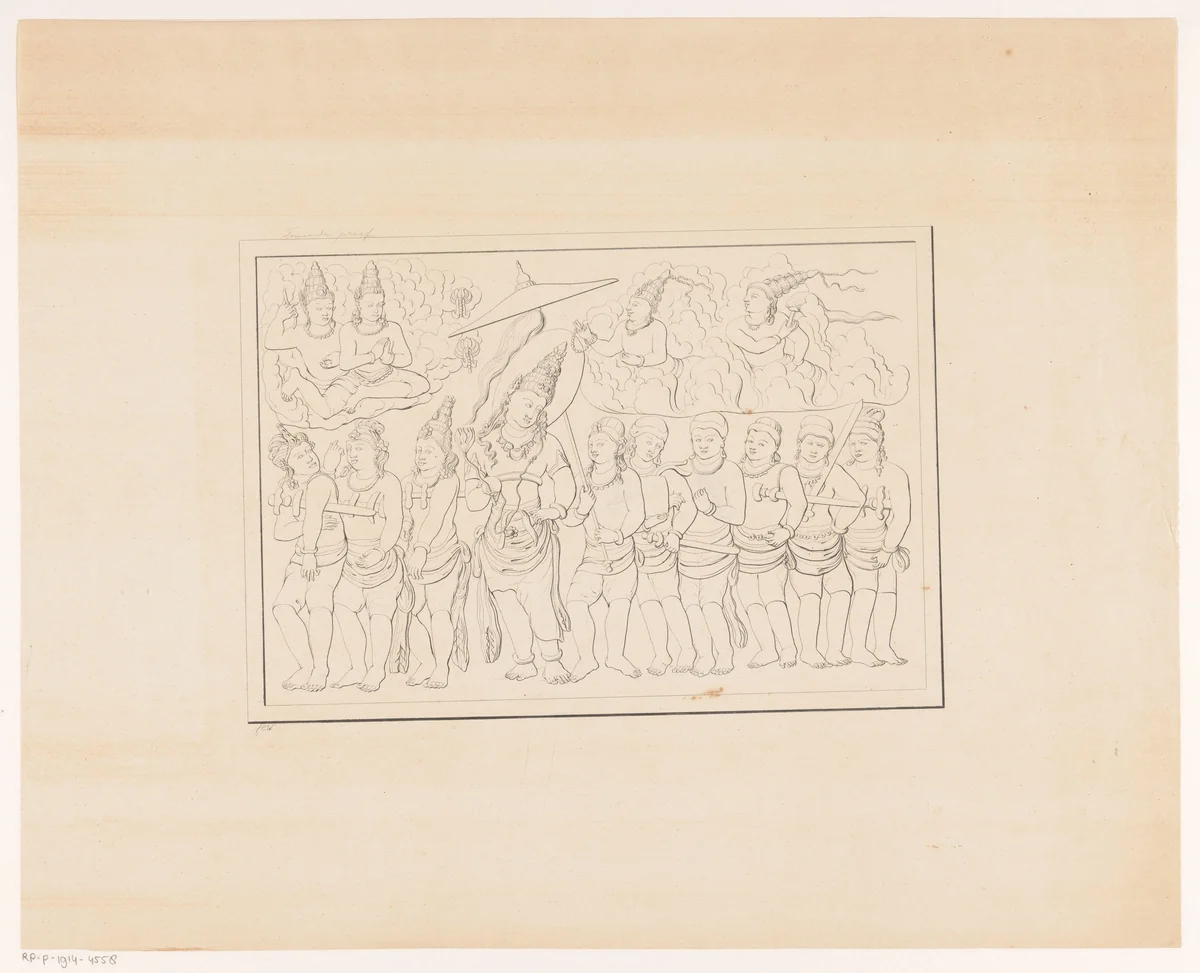 Reliëf met Boeddhistische goden, mogelijk van de tempel Candi Mendut by Andries Wiemans, print, 1836-1858