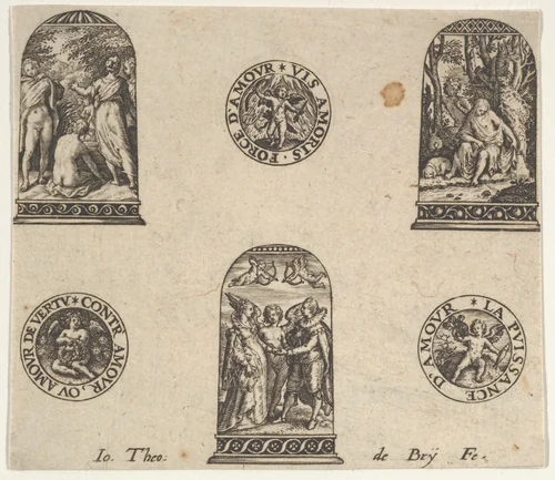Horizontal Panel with Three Thimble Designs and Three Medallions by Johann Theodor de Bry, print, 1580-1600