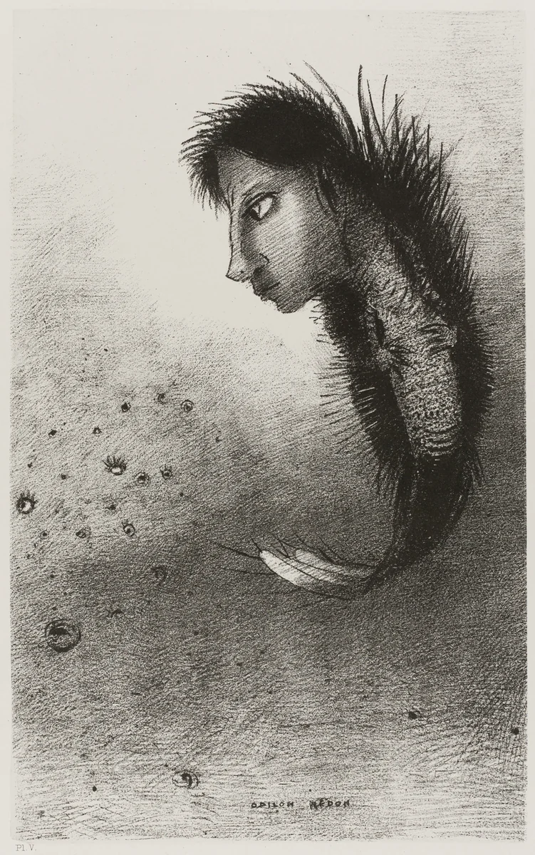 Then There Appears a Singular Being, Having the Head of a Man On the Body of a Fish, plate 5 of 10 by Odilon Redon, print, 1888
