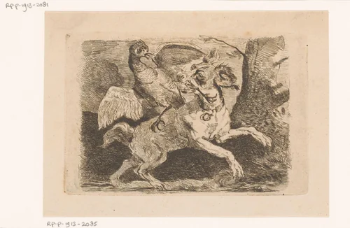 Hond bijt in de poot van een fazant by Paul Emile Nicolié, print, 1859
