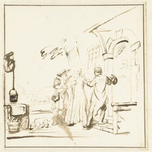 Christus en twee discipelen voor de herberg te Emmaüs by Nicolaes Maes, drawing, 1650-1660
