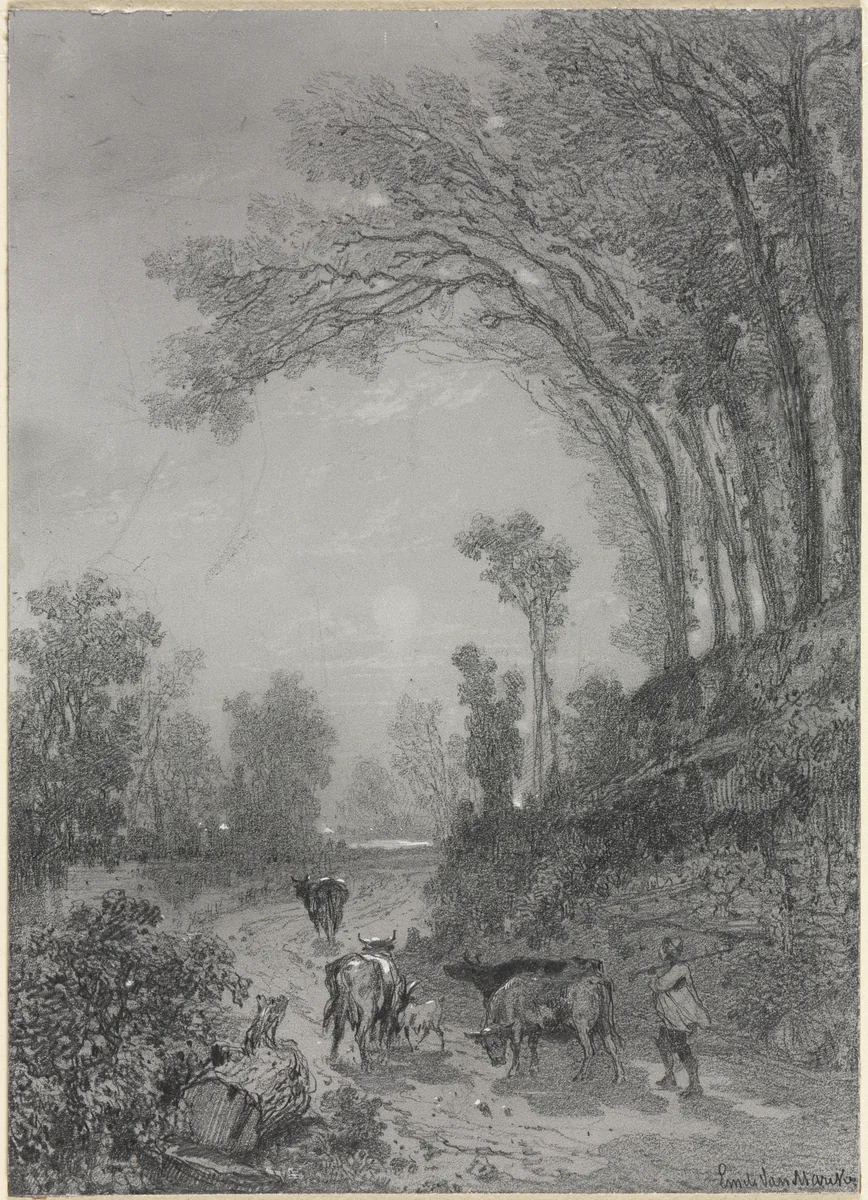 Landscape with Cows by Émile van Marcke, drawing, 1827-1890