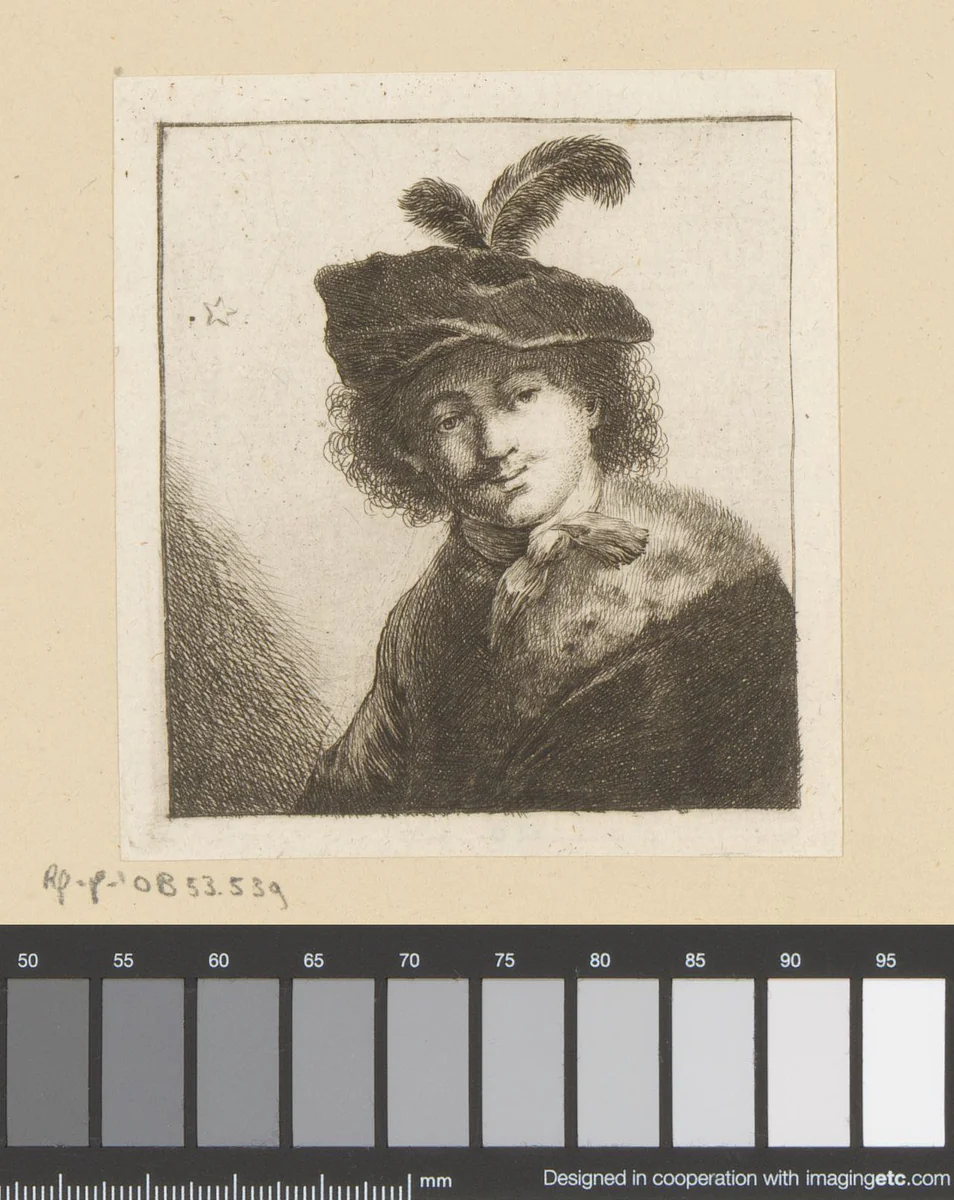 Man met baret met veer en bontkraag by Johann Andreas Benjamin Nothnagel, print, 1739-1804