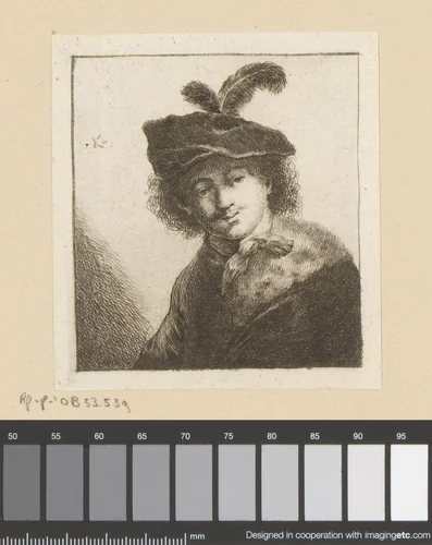 Man met baret met veer en bontkraag by Johann Andreas Benjamin Nothnagel, print, 1739-1804