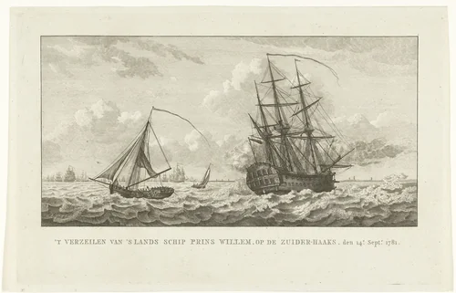 Schip Prins Willem loopt vast op zandbank Zuiderhaaks bij Den Helder op 14 september 1781 by Carel Frederik Bendorp, print, 1781