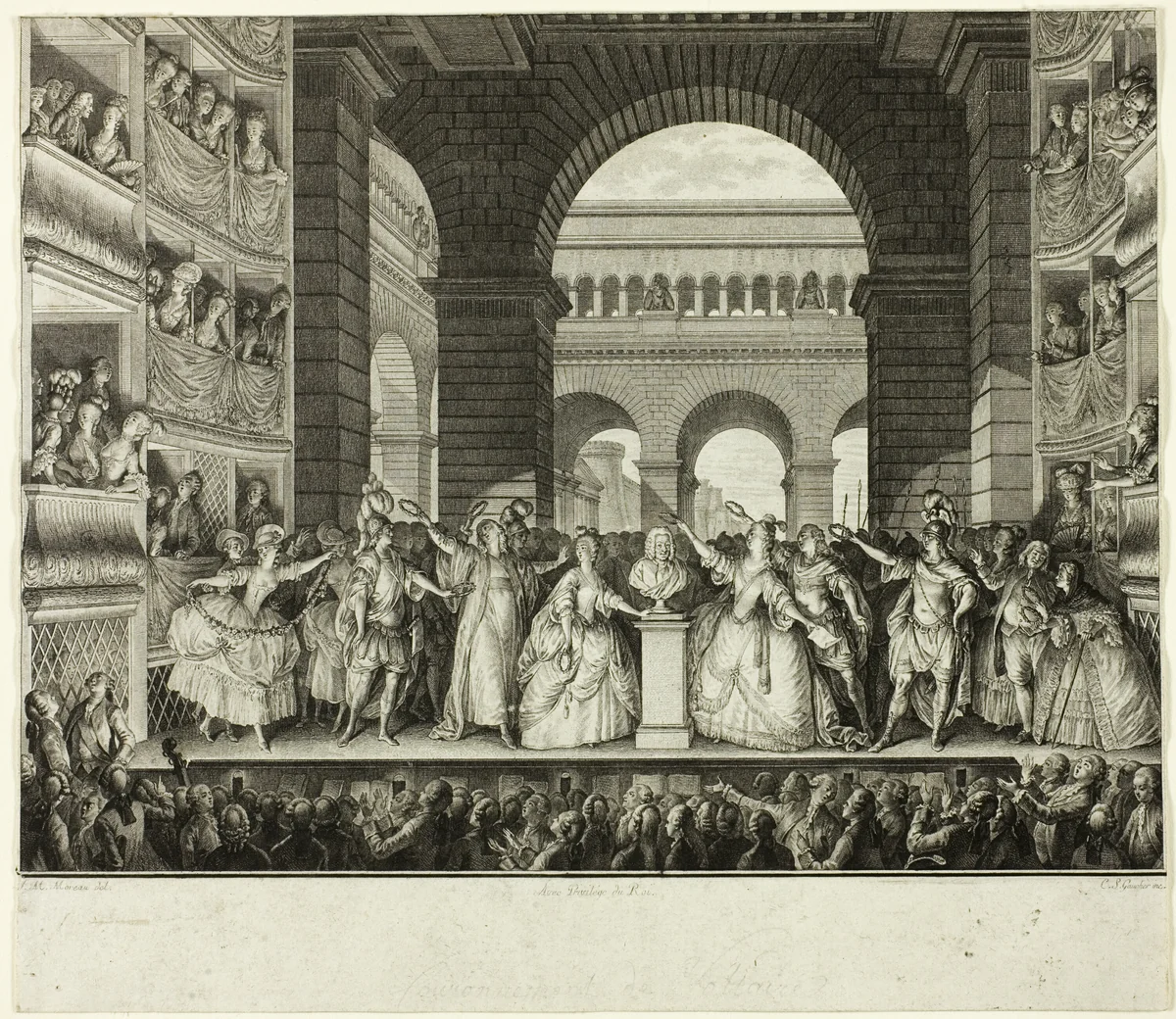 Crowning of Voltaire by Jean Michel Moreau, print, 1778-1782