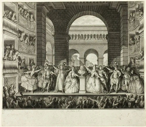 Crowning of Voltaire by Jean Michel Moreau, print, 1778-1782