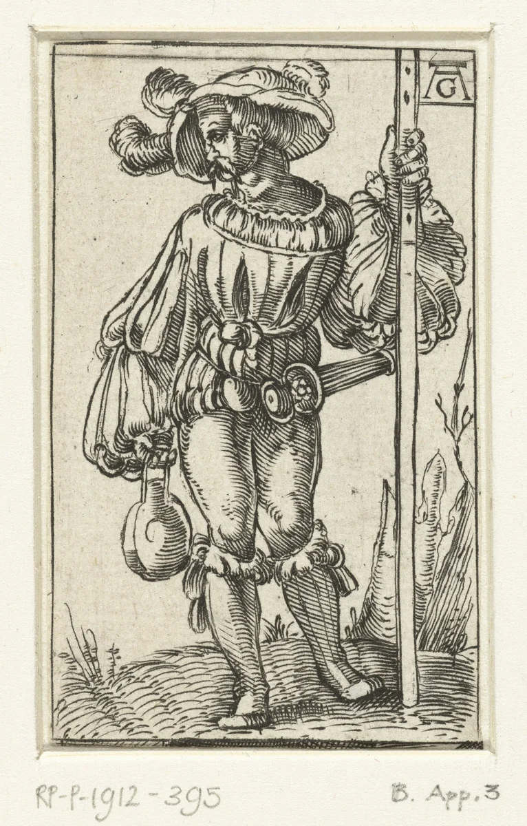 Staande landsknecht met fles by anonymous, print, 1500-1600