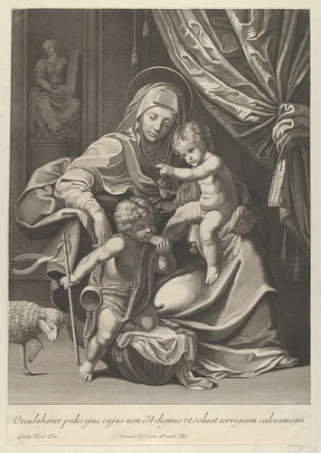 The Virgin seated with the infant Christ on her lap, the young Saint John the Baptist kneeling on Christ's cradle and kissing his foot, a lamb at left, after Reni by anonymous, print, 1625-1689