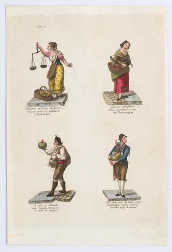 Plate 12: four street vendors from Madrid selling dried fruit, cherries, and melons, from 'Los Gritos de Madrid' (The Cries of Madrid) by Miguel Gamborino, print, 1809-1817
