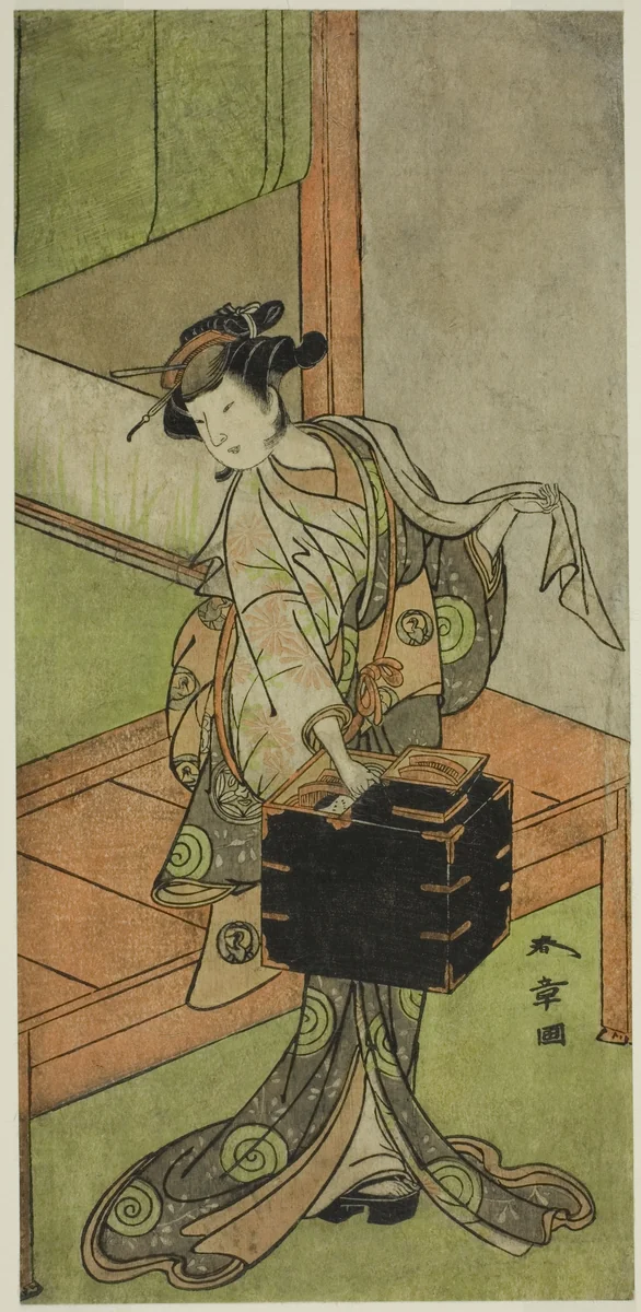 The Actor Yamashita Kinsaku II as Miyagino Disguised as a Hairdresser in the Play Kosode-gura no Tekubari, Performed at the Morita Theater in the Second Month, 1772 (?) by Katsukawa Shunsho (勝川 春章), print, 1767-1777