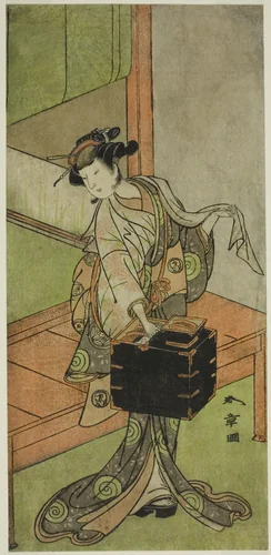 The Actor Yamashita Kinsaku II as Miyagino Disguised as a Hairdresser in the Play Kosode-gura no Tekubari, Performed at the Morita Theater in the Second Month, 1772 (?) by Katsukawa Shunsho (勝川 春章), print, 1767-1777