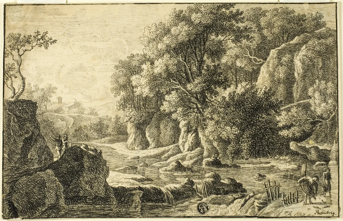 River Landscape with Figures by George Frederick Rosenberg, drawing, 1845-1870