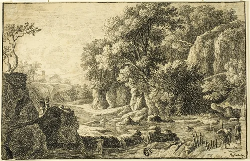 River Landscape with Figures by George Frederick Rosenberg, drawing, 1845-1870