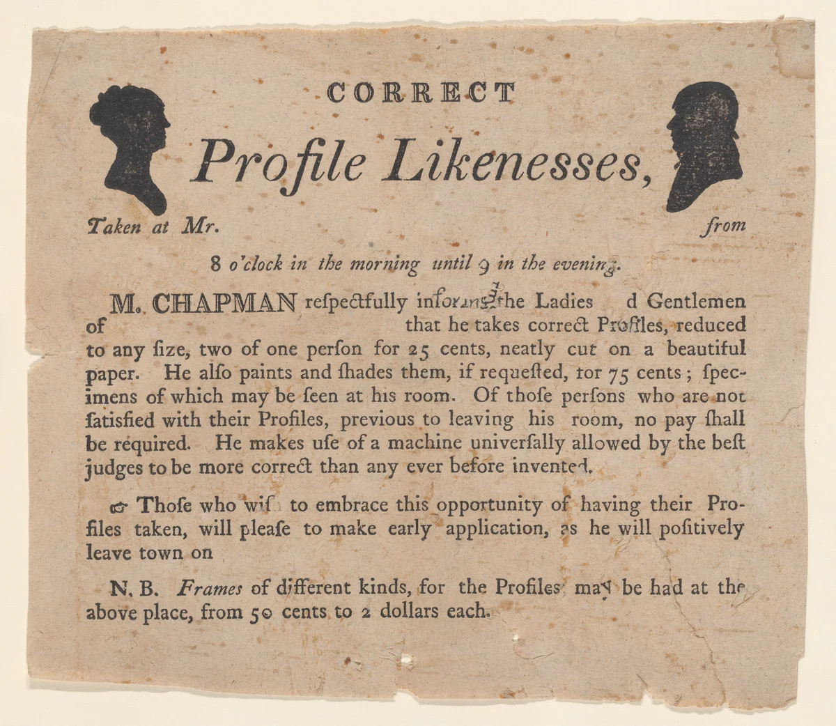 Advertisement for profile likenesses by Moses Chapman by anonymous, print, 1803-1821