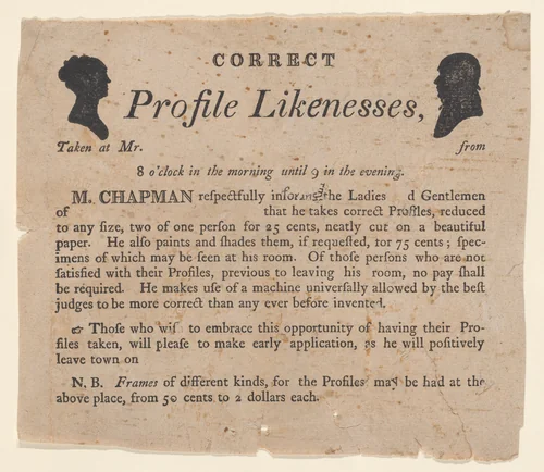 Advertisement for profile likenesses by Moses Chapman by anonymous, print, 1803-1821