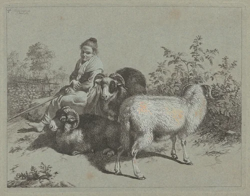 Seated Shepherdess with Three Rams by Francesco Londonio, print, 1762