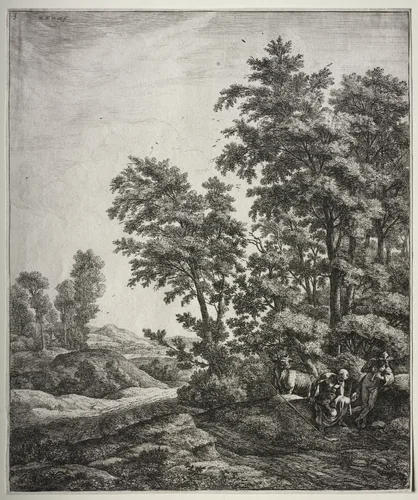 Six large upright landscapes with scenes from Ovid's Metamorphoses: Mercury and Argus by Anthonie Waterloo, print, 1640-1690
