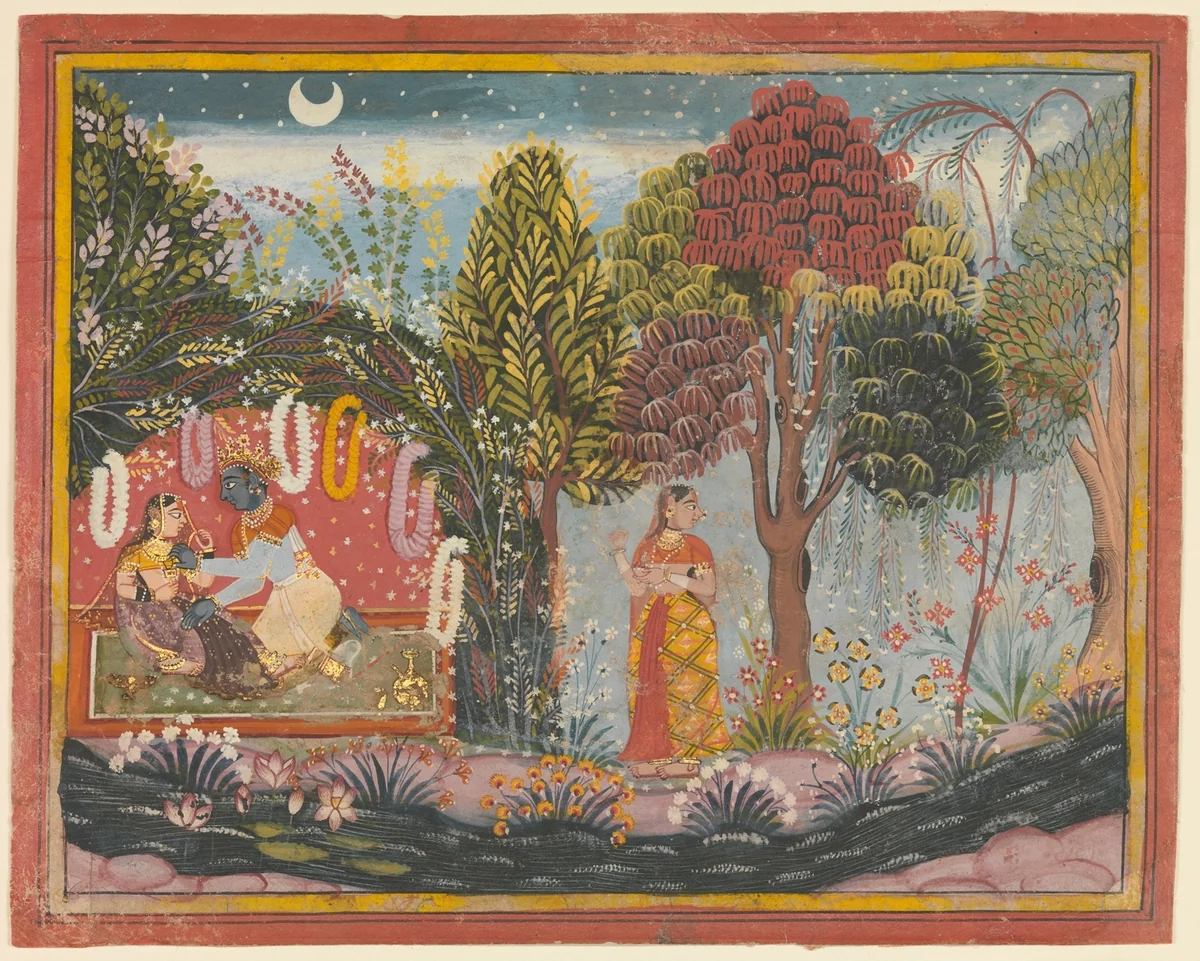 Krishna and Radha in a Bower: Page From a Dispersed Gita Govinda by Sahibdin, painting, 1655-1675
