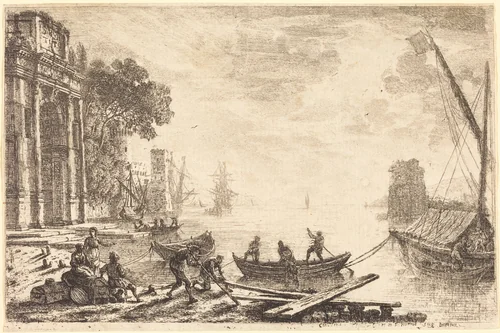 Harbor Scene with Rising Sun (Le soleil levant) by Claude Lorrain, print, 1634