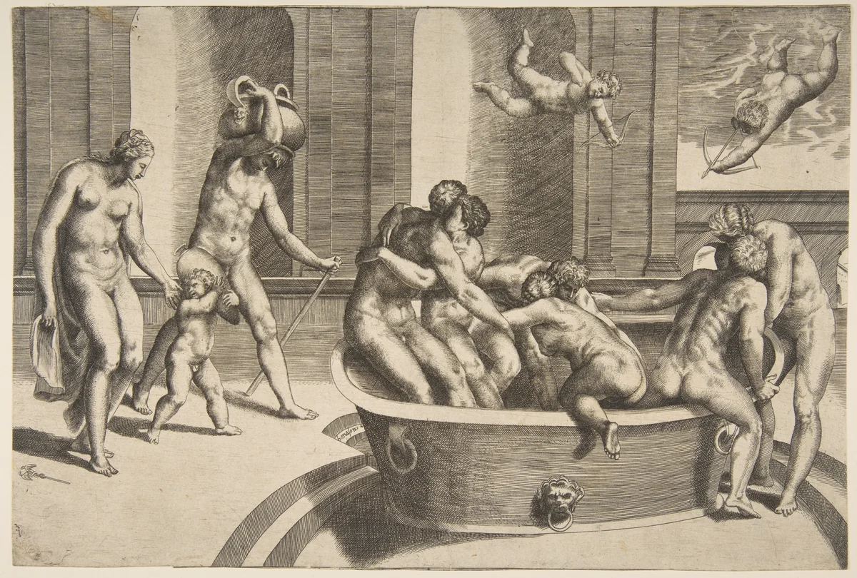 Men and women bathing, some embracing by Giulio Bonasone, print, 1531-1576