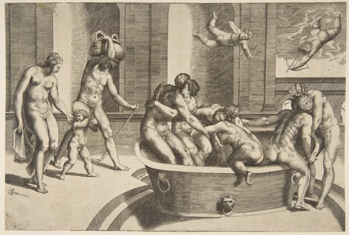 Men and women bathing, some embracing by Giulio Bonasone, print, 1531-1576