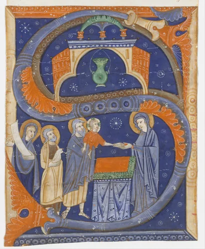 Manuscript Illumination with the Presentation of Christ in the Temple in an Initial S, from a Gradual by Master of Bagnacavallo, manuscript, 1278